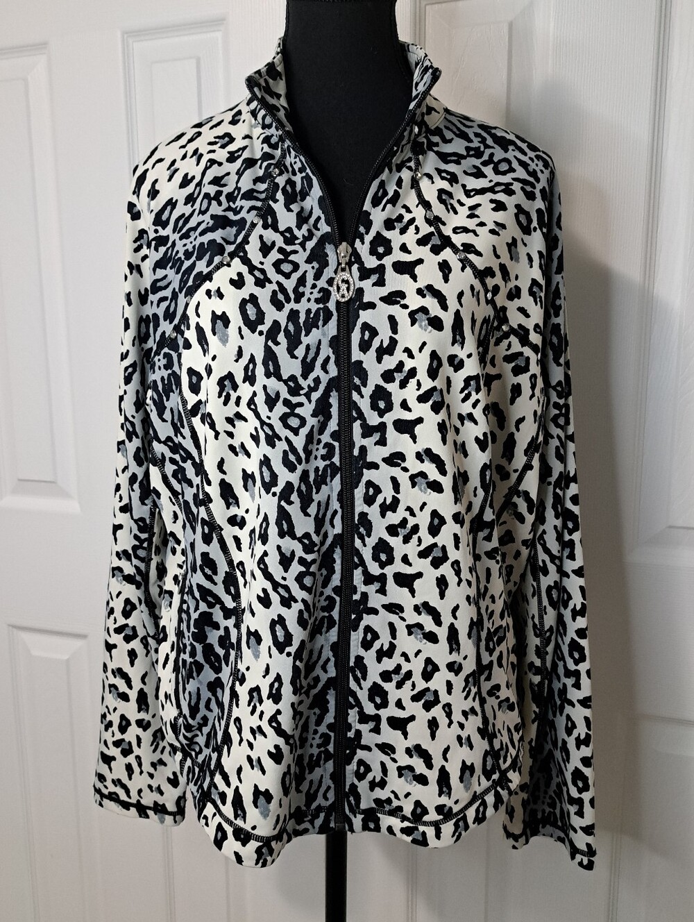 Christine Alexander Animal Print Activewear Jacket Womens Size XL Black Cream